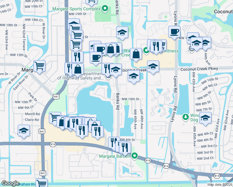 map of restaurants, bars, coffee shops, grocery stores, and more near 801 Banks Road in Margate