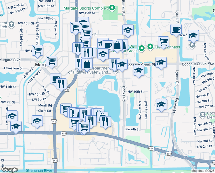 map of restaurants, bars, coffee shops, grocery stores, and more near 629 Banks Road in Margate