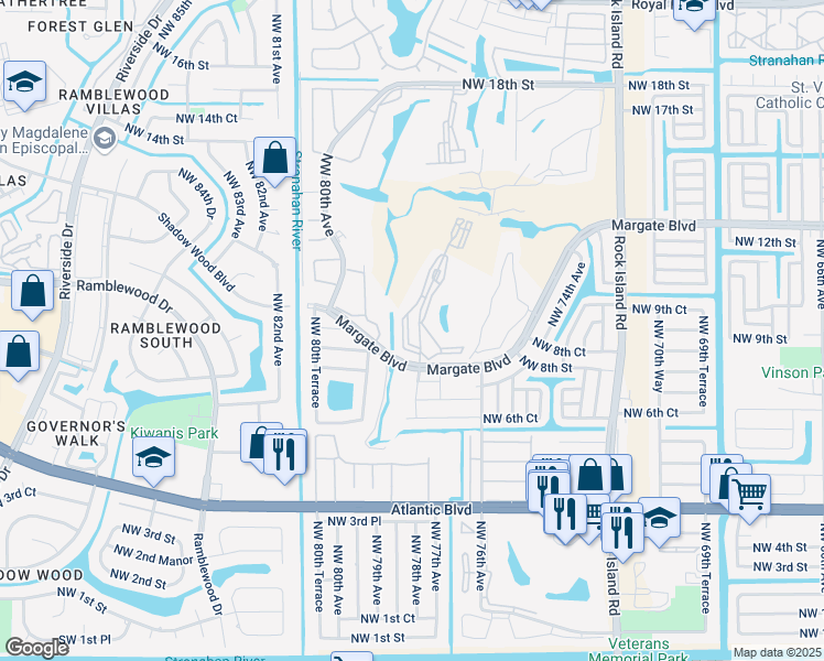 map of restaurants, bars, coffee shops, grocery stores, and more near 1006 Country Club Drive in Margate