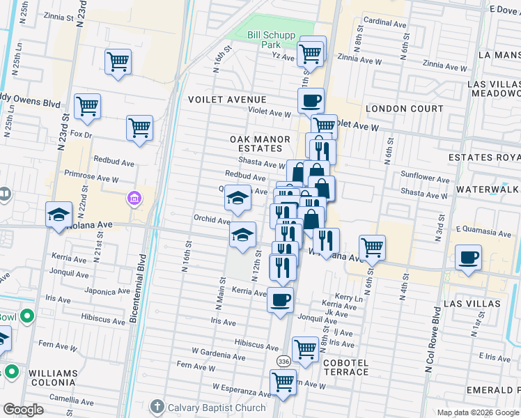 map of restaurants, bars, coffee shops, grocery stores, and more near 1117 Primrose Avenue in McAllen