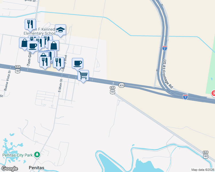 map of restaurants, bars, coffee shops, grocery stores, and more near 2400 Expressway 83 in Penitas