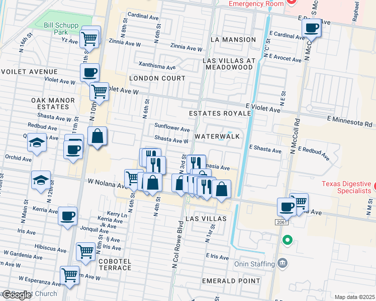 map of restaurants, bars, coffee shops, grocery stores, and more near 300 Quamasia Avenue in McAllen