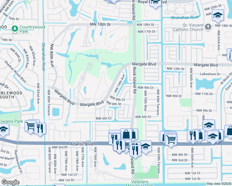 map of restaurants, bars, coffee shops, grocery stores, and more near 7700 Northwest 8th Court in Margate