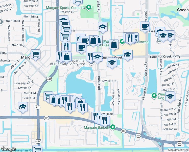 map of restaurants, bars, coffee shops, grocery stores, and more near 801 Banks Road in Margate