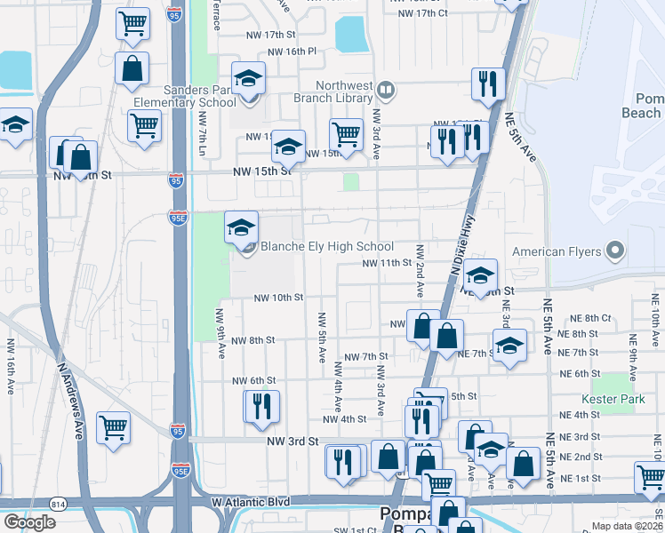map of restaurants, bars, coffee shops, grocery stores, and more near 350 Northwest 10th Street in Pompano Beach