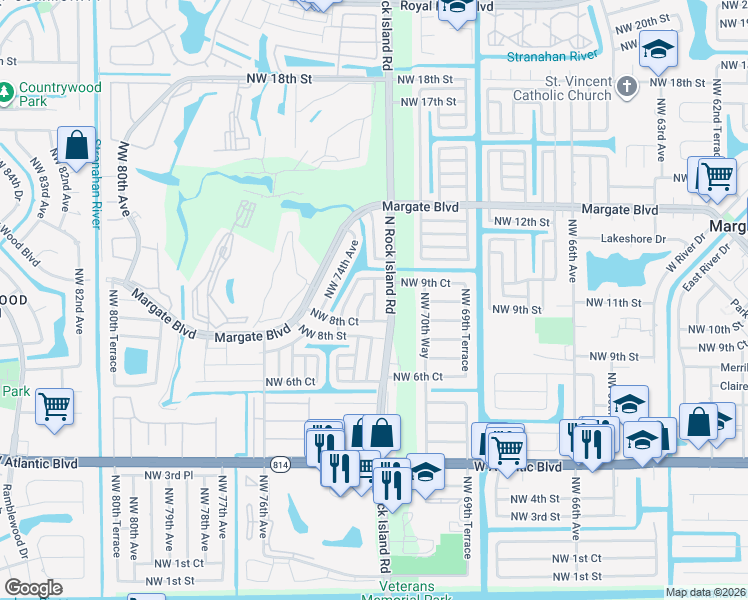 map of restaurants, bars, coffee shops, grocery stores, and more near 1005 North Rock Island Road in Margate