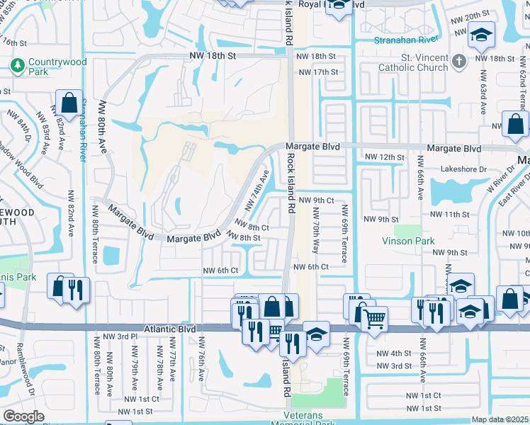 map of restaurants, bars, coffee shops, grocery stores, and more near 7245 Northwest 8th Court in Margate