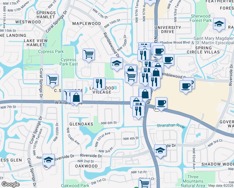 map of restaurants, bars, coffee shops, grocery stores, and more near 9953 West Atlantic Boulevard in Coral Springs
