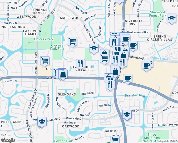 map of restaurants, bars, coffee shops, grocery stores, and more near 9953 West Atlantic Boulevard in Coral Springs