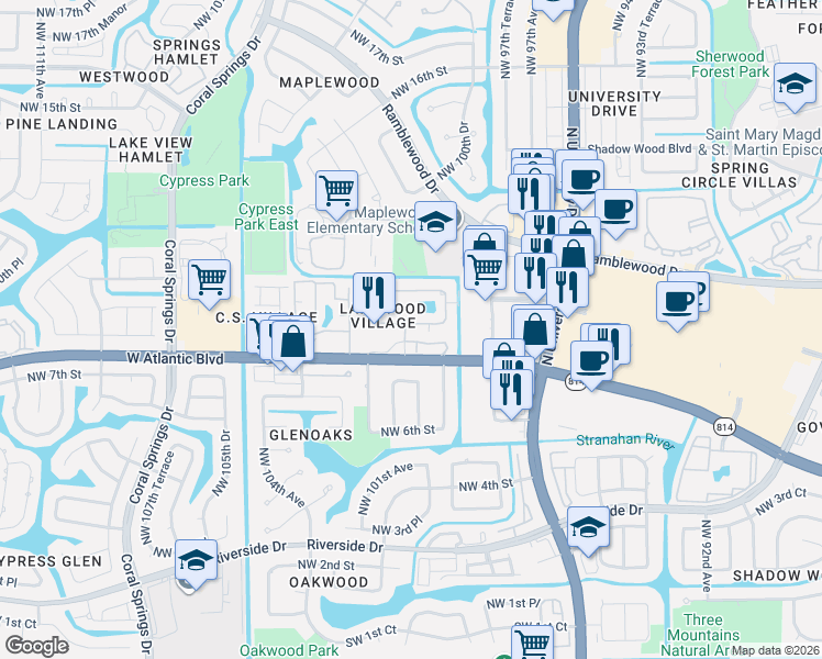 map of restaurants, bars, coffee shops, grocery stores, and more near 9953 West Atlantic Boulevard in Coral Springs