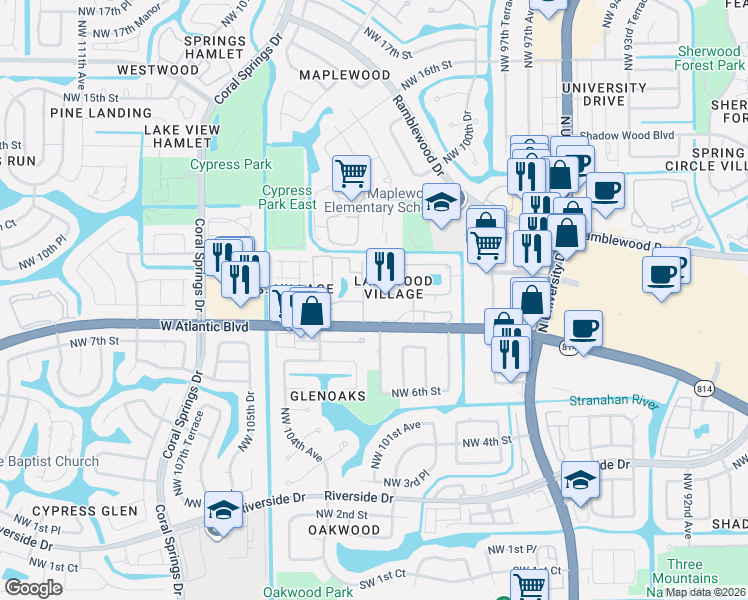 map of restaurants, bars, coffee shops, grocery stores, and more near 814 Harbor Inn Terrace in Coral Springs