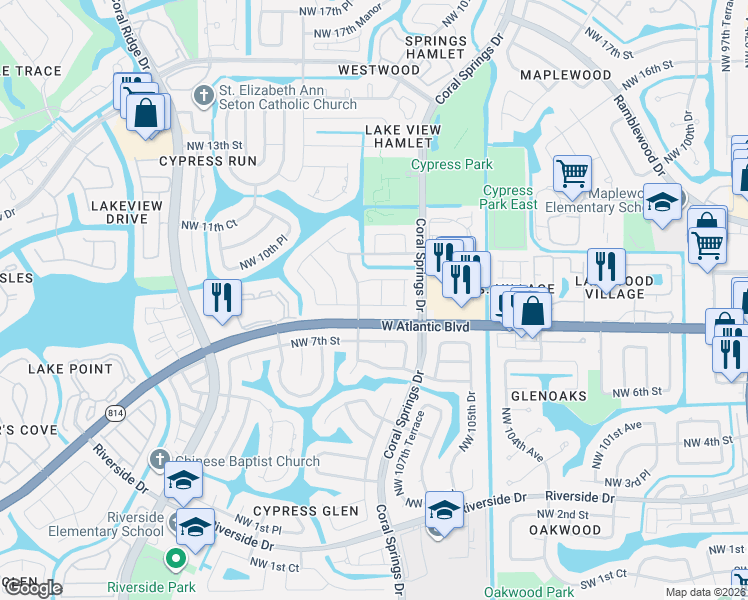 map of restaurants, bars, coffee shops, grocery stores, and more near 10830 Northwest 8th Court in Coral Springs