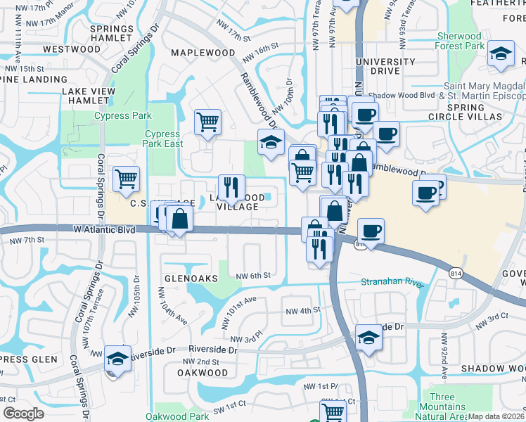 map of restaurants, bars, coffee shops, grocery stores, and more near 9953 West Atlantic Boulevard in Coral Springs