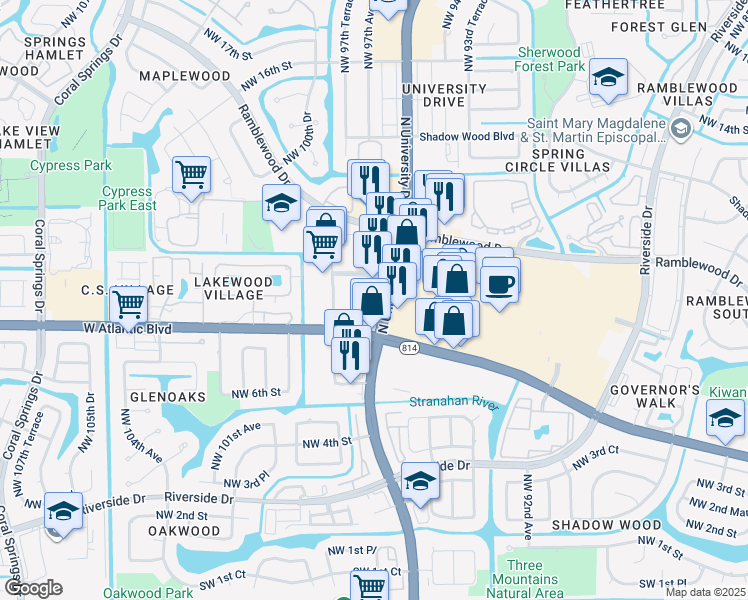 map of restaurants, bars, coffee shops, grocery stores, and more near 9505 West Atlantic Boulevard in Coral Springs