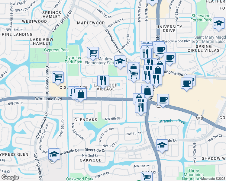map of restaurants, bars, coffee shops, grocery stores, and more near 9963 Twin Lakes Drive in Coral Springs