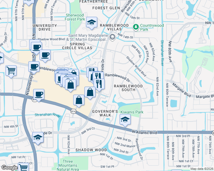 map of restaurants, bars, coffee shops, grocery stores, and more near 977 Riverside Drive in Coral Springs