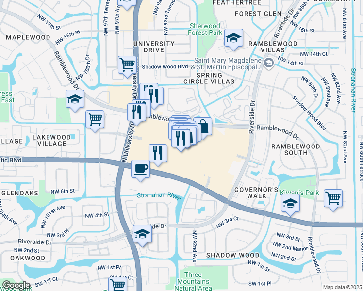 map of restaurants, bars, coffee shops, grocery stores, and more near 9135 Ramblewood Dr in Coral Springs