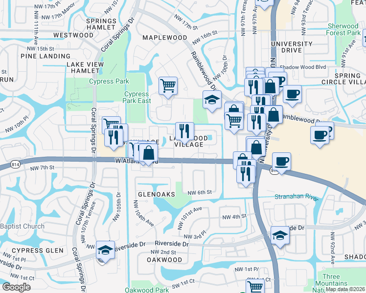 map of restaurants, bars, coffee shops, grocery stores, and more near 897 Twin Lakes Drive in Coral Springs