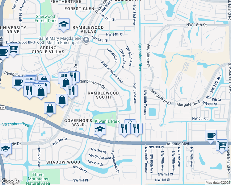 map of restaurants, bars, coffee shops, grocery stores, and more near 932 Northwest 83rd Drive in Coral Springs