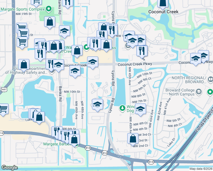 map of restaurants, bars, coffee shops, grocery stores, and more near 1019 Lyons Park Drive in Pompano Beach