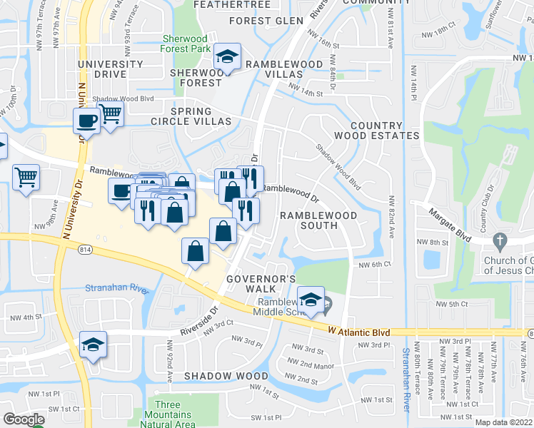 map of restaurants, bars, coffee shops, grocery stores, and more near 977 Riverside Drive in Coral Springs
