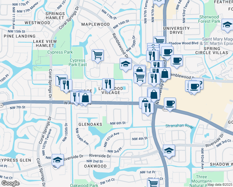 map of restaurants, bars, coffee shops, grocery stores, and more near 897 Twin Lakes Drive in Coral Springs