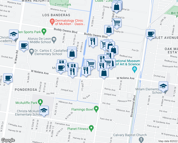 map of restaurants, bars, coffee shops, grocery stores, and more near 4001 North 23rd Street in McAllen