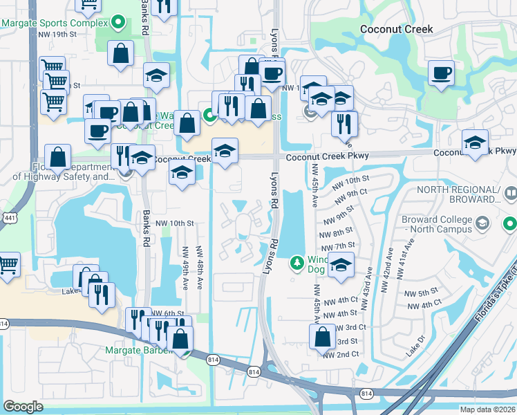 map of restaurants, bars, coffee shops, grocery stores, and more near 1019 Lyons Park Drive in Pompano Beach
