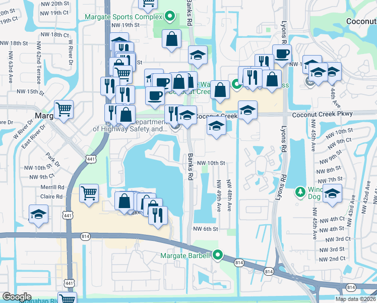 map of restaurants, bars, coffee shops, grocery stores, and more near 1121 Banks Road in Margate