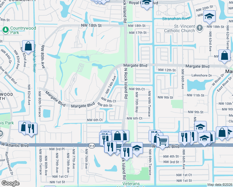 map of restaurants, bars, coffee shops, grocery stores, and more near 1095 Northwest 73rd Terrace in Margate