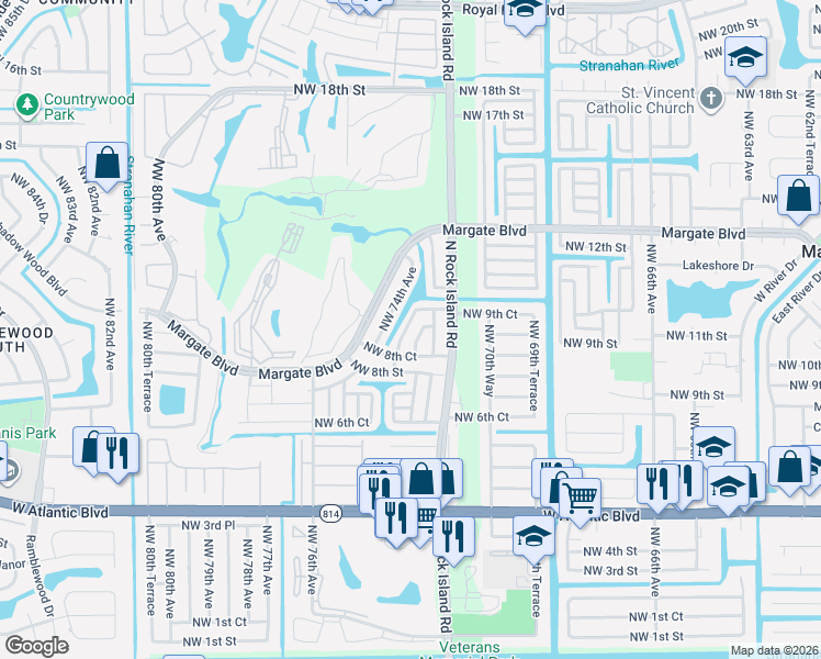 map of restaurants, bars, coffee shops, grocery stores, and more near 1095 Northwest 73rd Terrace in Margate