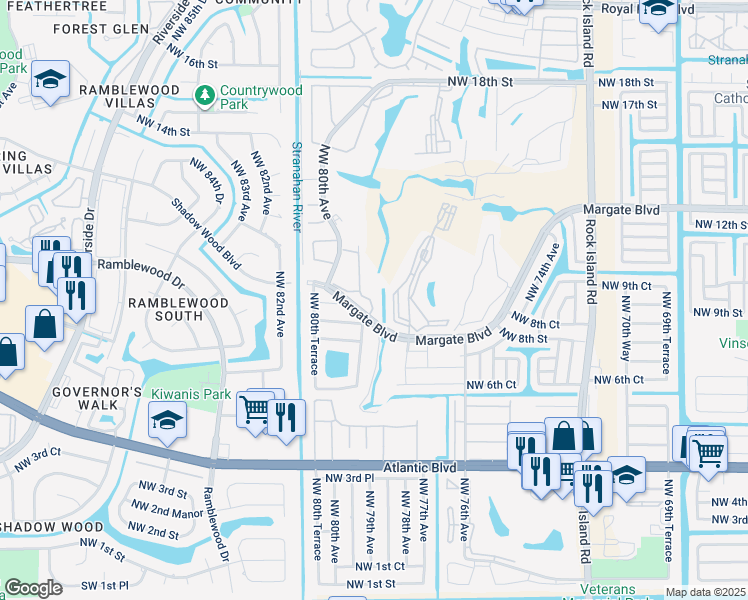 map of restaurants, bars, coffee shops, grocery stores, and more near 7895 Margate Boulevard in Margate