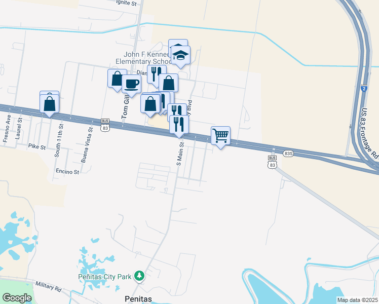 map of restaurants, bars, coffee shops, grocery stores, and more near 1908 East Expressway 83 in Penitas