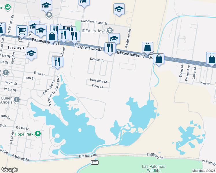 map of restaurants, bars, coffee shops, grocery stores, and more near 741 Huisache Street in La Joya