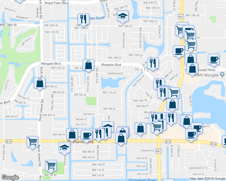 map of restaurants, bars, coffee shops, grocery stores, and more near 6475 Northwest 11th Street in Margate