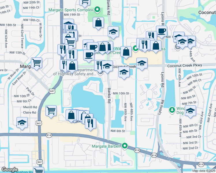 map of restaurants, bars, coffee shops, grocery stores, and more near 1121 Banks Road in Margate
