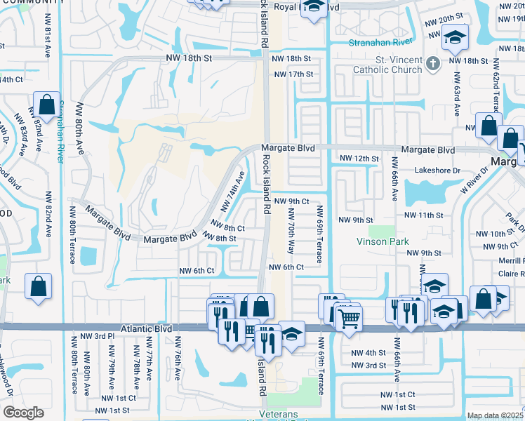 map of restaurants, bars, coffee shops, grocery stores, and more near 1055 North Rock Island Road in Margate