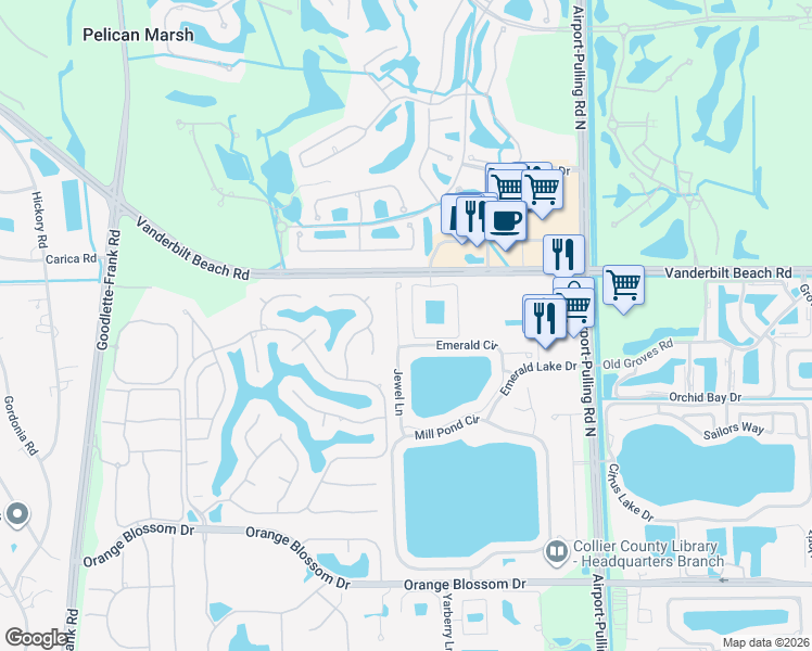 map of restaurants, bars, coffee shops, grocery stores, and more near 7767 Jewel Lane in Naples