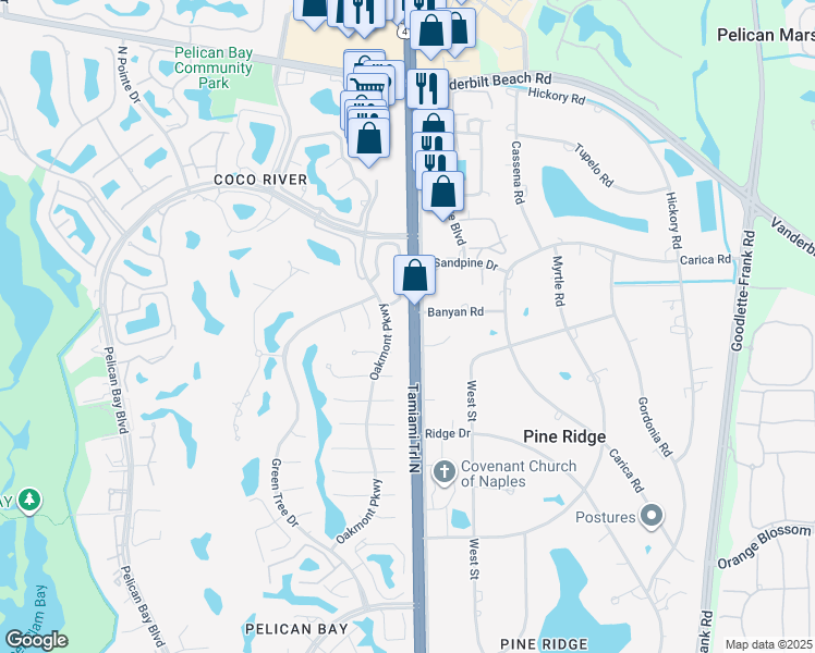 map of restaurants, bars, coffee shops, grocery stores, and more near 47665 Oakmont Parkway in Naples