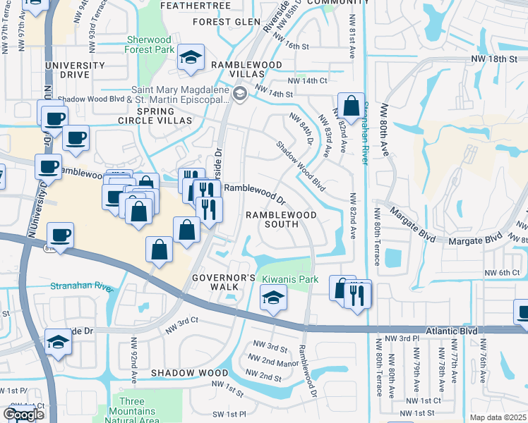 map of restaurants, bars, coffee shops, grocery stores, and more near 998 Ramblewood Drive in Coral Springs