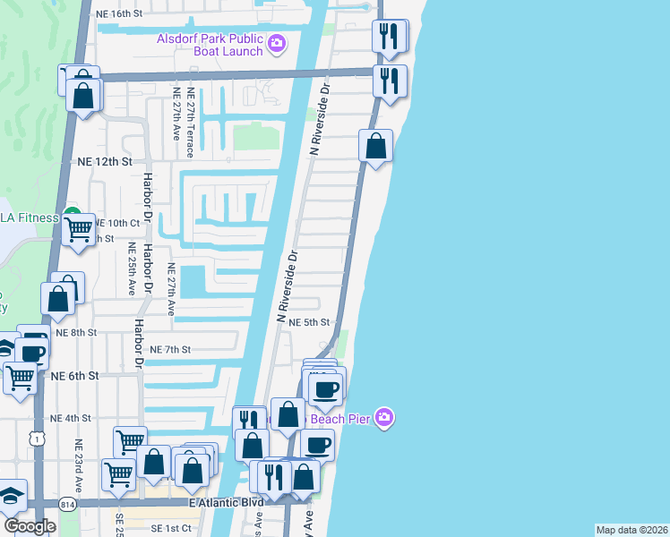 map of restaurants, bars, coffee shops, grocery stores, and more near 614 North Ocean Boulevard in Pompano Beach