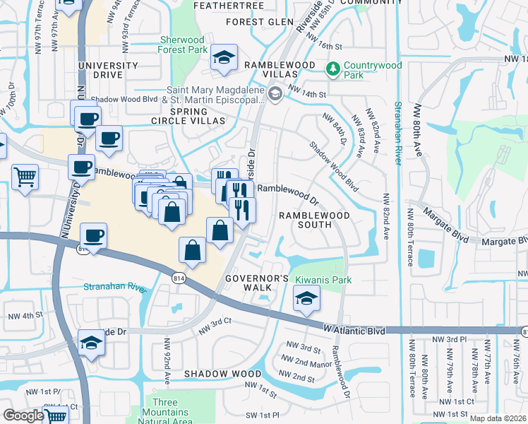 map of restaurants, bars, coffee shops, grocery stores, and more near 977 Riverside Drive in Coral Springs