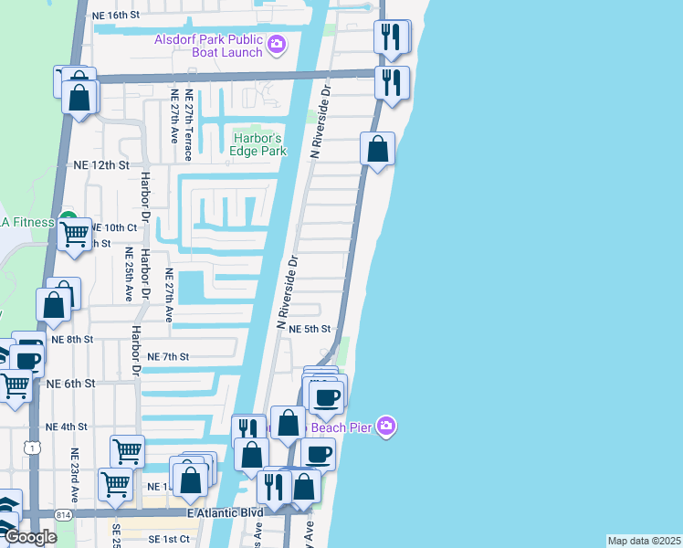 map of restaurants, bars, coffee shops, grocery stores, and more near 614 North Ocean Boulevard in Pompano Beach