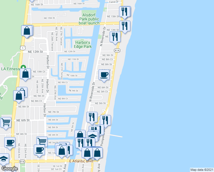 map of restaurants, bars, coffee shops, grocery stores, and more near 614 North Ocean Boulevard in Pompano Beach