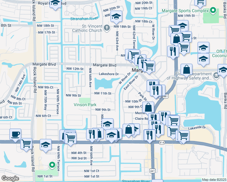map of restaurants, bars, coffee shops, grocery stores, and more near 6475 Northwest 11th Street in Margate