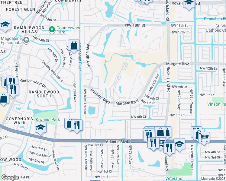map of restaurants, bars, coffee shops, grocery stores, and more near 7877 Golf Circle Drive in Margate