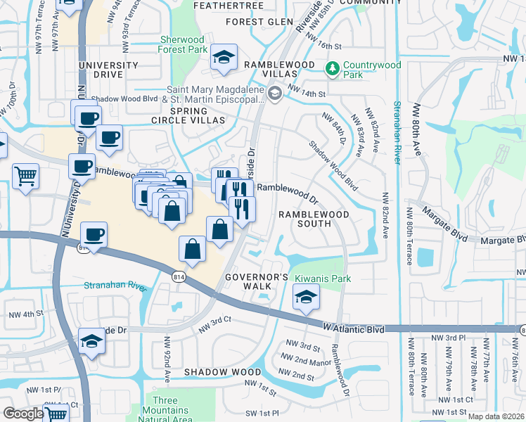 map of restaurants, bars, coffee shops, grocery stores, and more near 977 Riverside Drive in Coral Springs