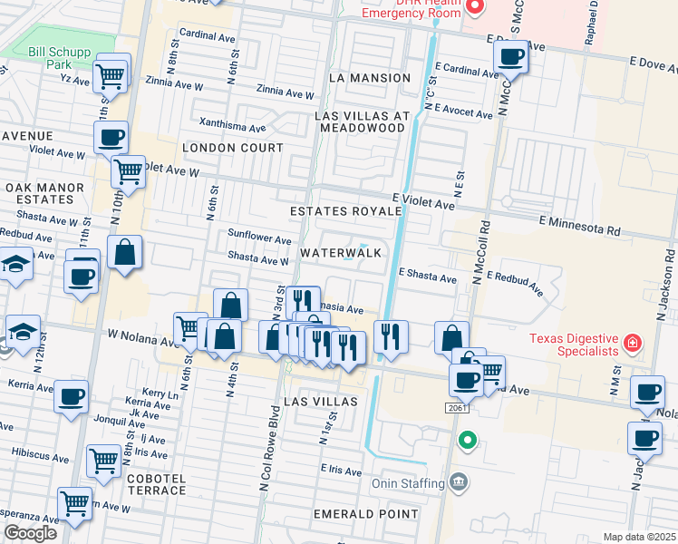 map of restaurants, bars, coffee shops, grocery stores, and more near 133 Sunflower Avenue in McAllen