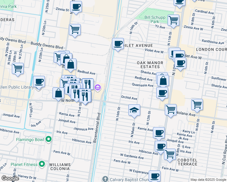 map of restaurants, bars, coffee shops, grocery stores, and more near 1712 Primrose Avenue in McAllen