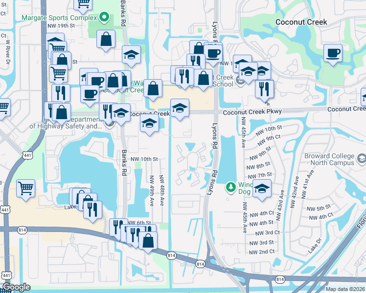 map of restaurants, bars, coffee shops, grocery stores, and more near 841 Lyons Road in Coconut Creek